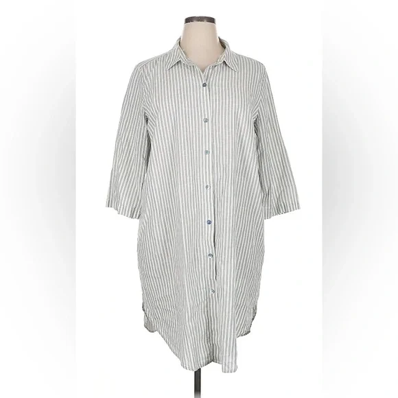 XL Eileen Fisher striped button front dress hemp/ organic cotton blue/natural - Picture 2 of 5